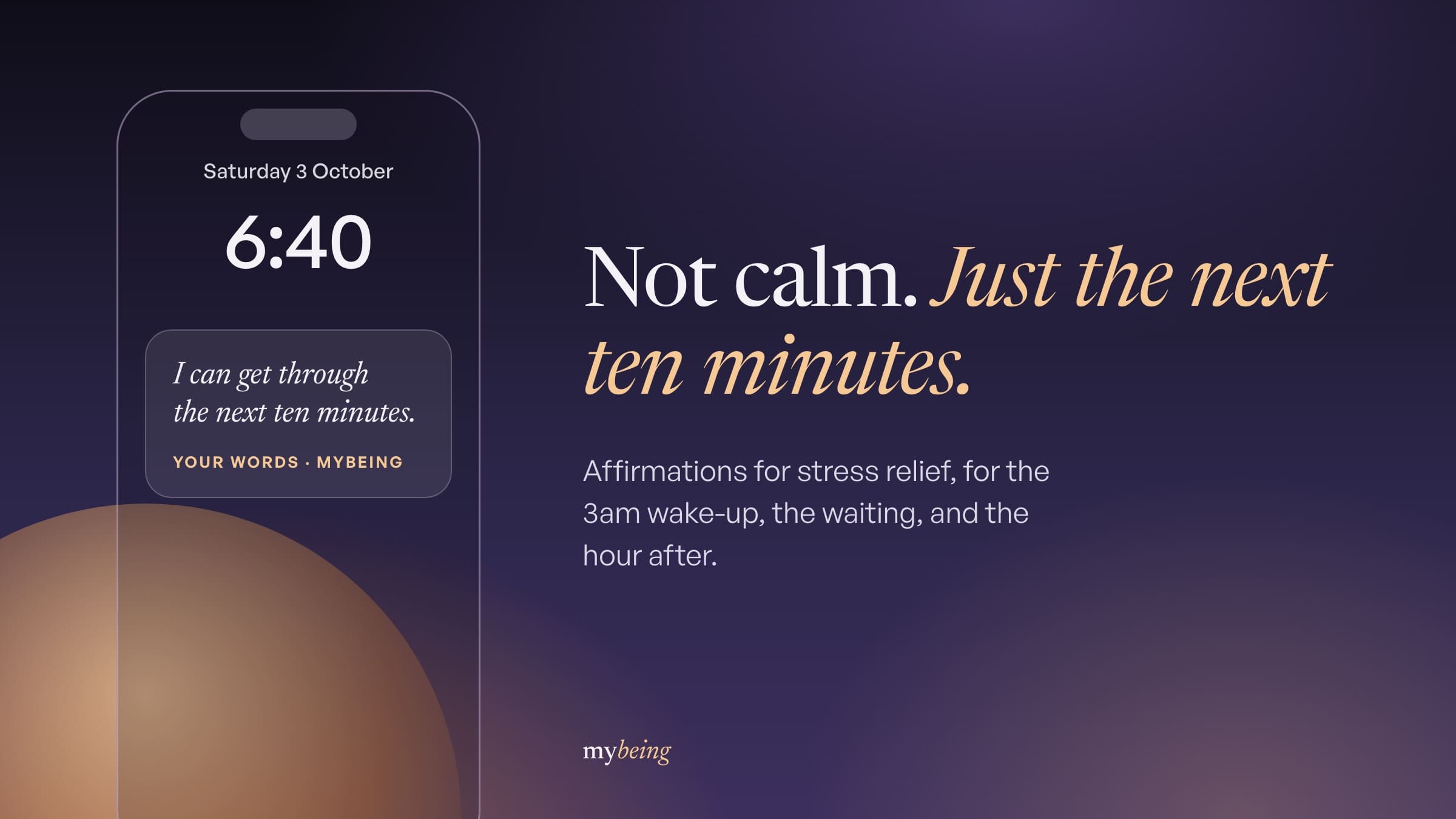 A phone Lock Screen at 6:40 showing the affirmation I can get through the next ten minutes, against a night-to-dawn sky