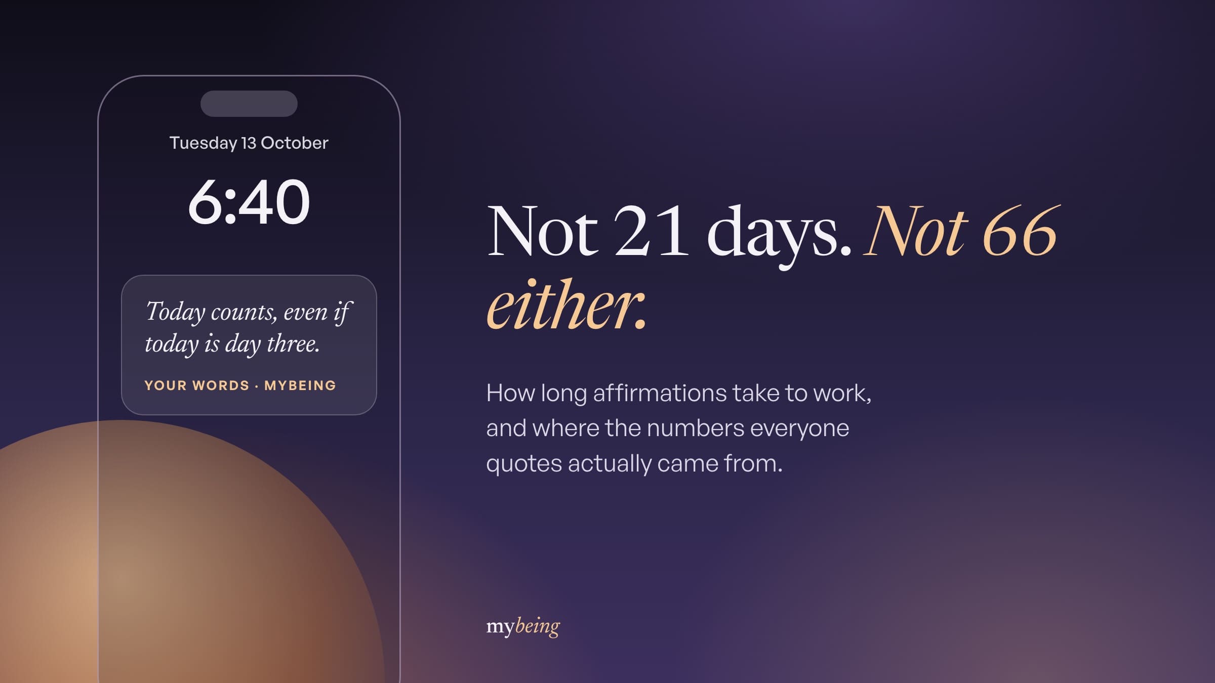 A phone Lock Screen at 6:40 showing the affirmation Today counts, even if today is day three, against a night-to-dawn sky