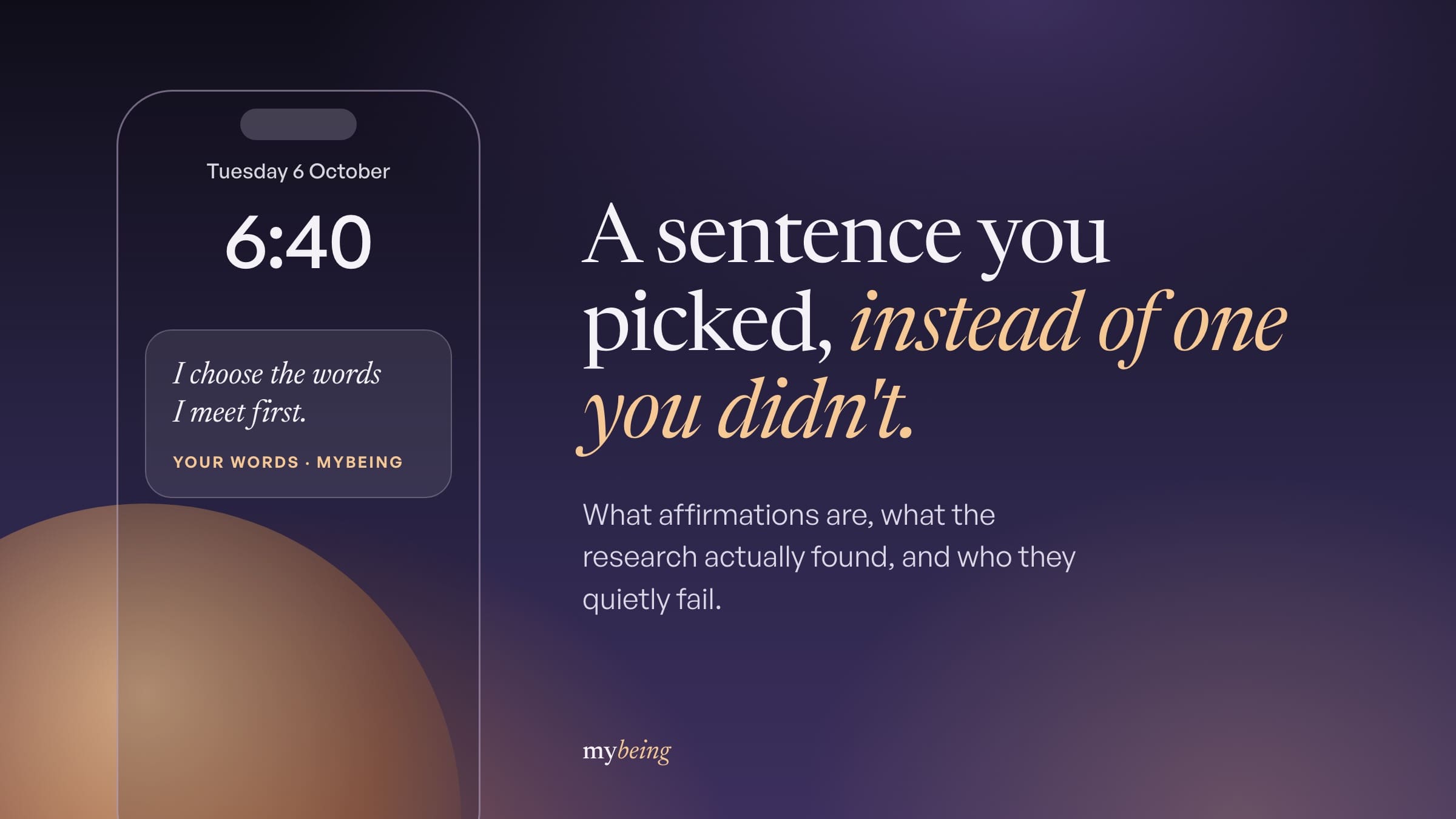A phone Lock Screen at 6:40 showing the affirmation I choose the words I meet first, against a night-to-dawn sky