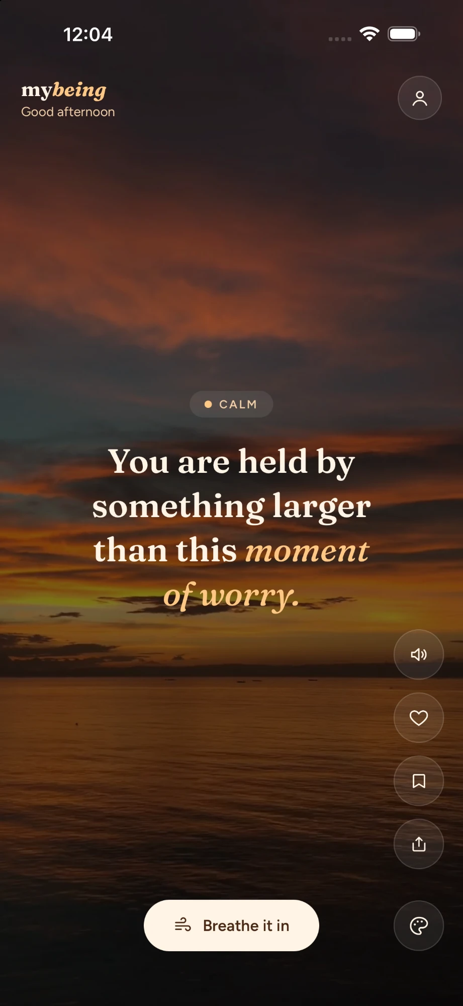 The MyBeing app showing a daily affirmation over a sunset sky