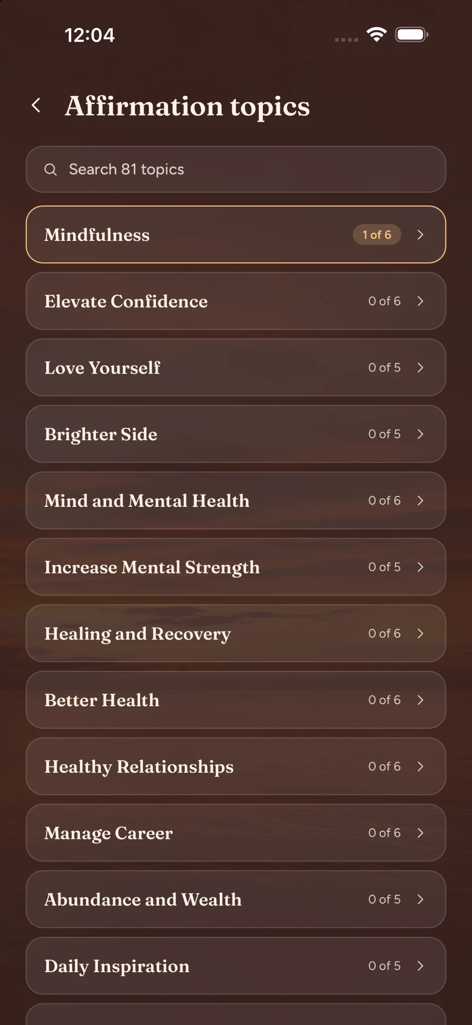 The MyBeing topic picker, from calm to confidence